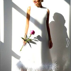 Feather Trim White Dress with Bow Back wedding bride NWT